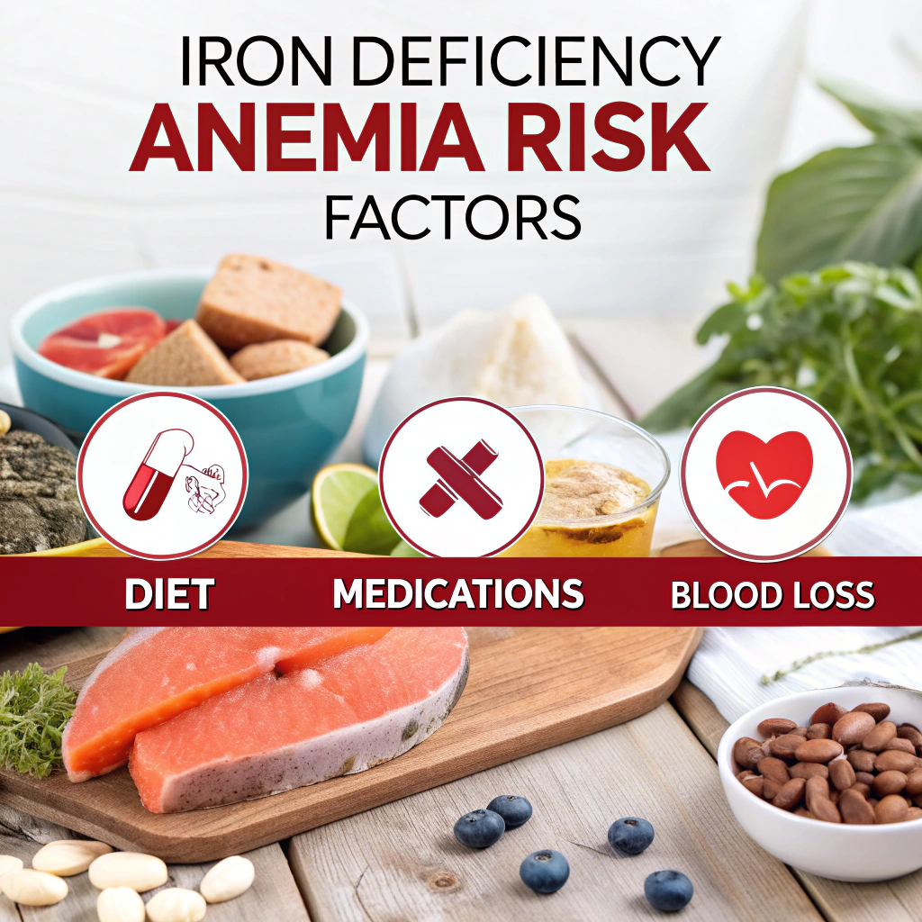Infographic showing the most common cause of anemia in humans and modifiable risk factors including diet, medications, and blood loss
